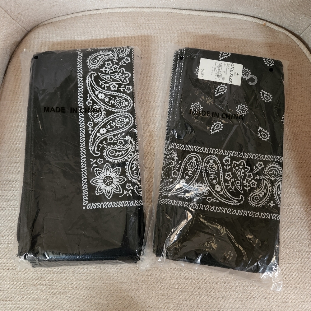 Black Bandanas. 10 per pack. New with tags in original packaging.